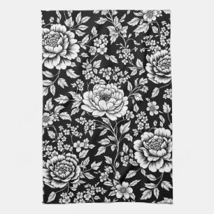Black White Vintage Floral Seamless Pattern (5) Tea Towel
