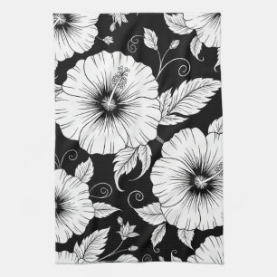 Black White Vintage Floral Seamless Pattern (8) Tea Towel