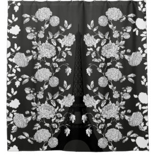 Black White Vintage Floral Toile Eiffel Tower Shower Curtain