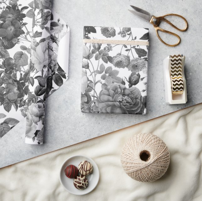 Black  White Vintage Floral   Wrapping Paper (Crafts)