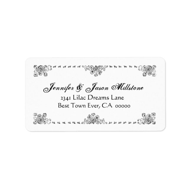 Black White Vintage Flowers Border Wedding Label (Front)