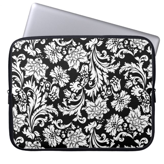 Black & White Vintage Flowers Laptop Sleeve (Front)