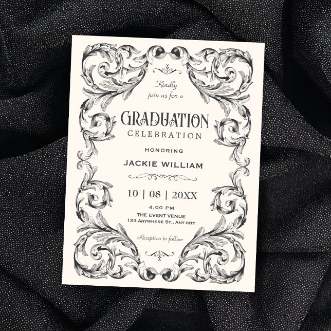 Black white Vintage Gothic graduation Invitation (Creator Uploaded)