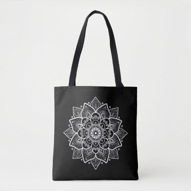 Black & White Vintage Lace Mandala Circle Design Tote Bag (Front)