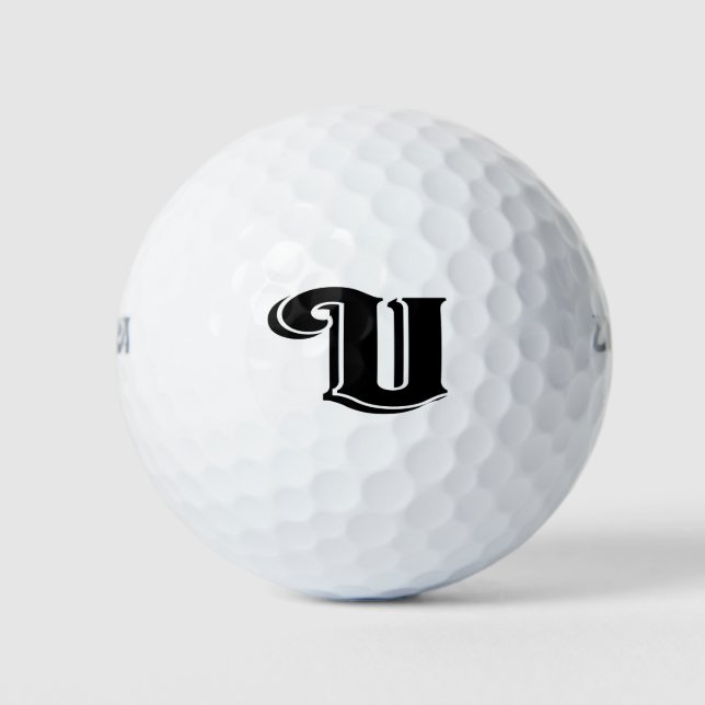 Black White Vintage Letter U Monogrammed Golf Balls (Front)