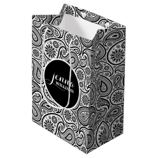 Black & White Vintage paisley Damasks Medium Gift Bag (Front Angled)