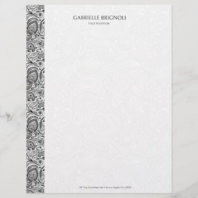 Black & White Vintage Paisley Pattern Custom Letterhead (Front)