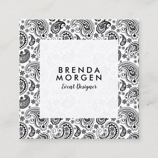 Black & White Vintage Paisley Pattern Square Business Card (Front)
