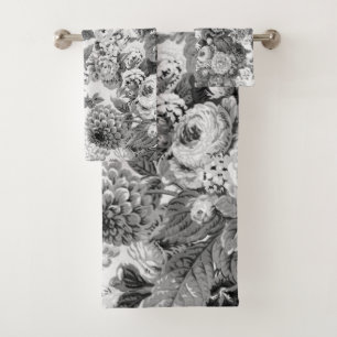 Black White Vintage Peony Dahlias Floral Toile Bath Towel Set