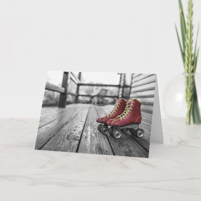 Black & White Vintage Red Roller Skates Card (Front)