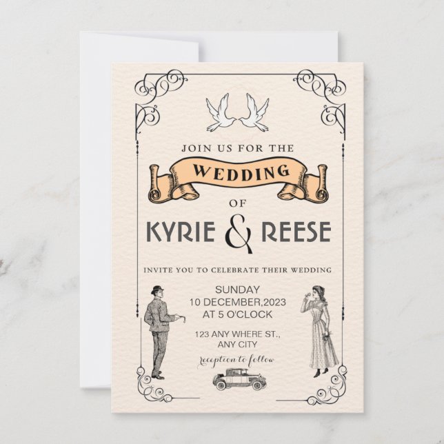 Black & White Vintage Retro Wedding Invitation (Front)