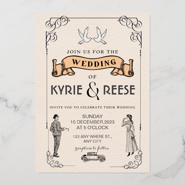 Black & White Vintage Retro Wedding Invitation (Front)