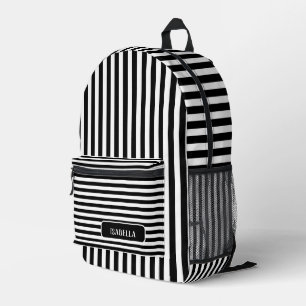 Black White Vintage Striped Name Printed Backpack