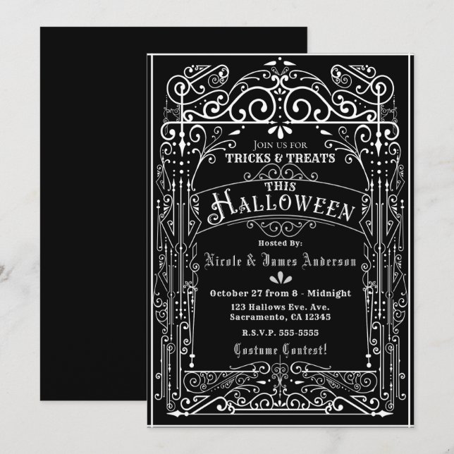 Black & White Vintage Victorian Deco Halloween Invitation (Front/Back)