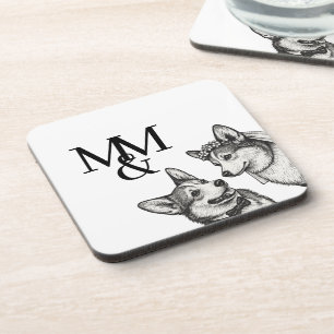 Black & White Vintage Whimsical Corgi Wedding Coaster