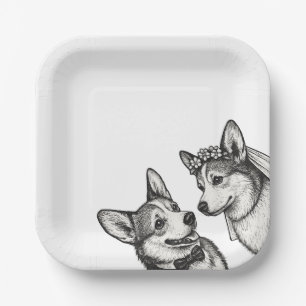 Black & White Vintage Whimsical Corgi Wedding  Paper Plate