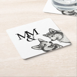 Black & White Vintage Whimsical Corgi Wedding Square Paper Coaster