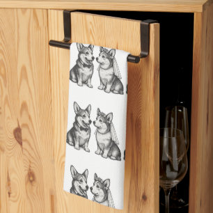 Black & White Vintage Whimsical Corgi Wedding  Tea Towel