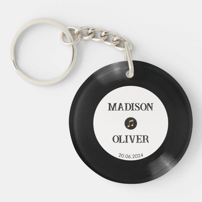 Black White Vinyl Record Photo Name Date Wedding Key Ring (Front)