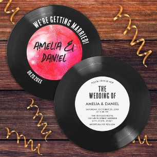 Black White Vinyl Record Pink Disco Ball Wedding  Invitation