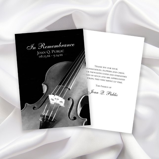 Black White Violin Musician Funeral Sympathy Thank You Card (Creator Uploaded)