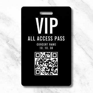 Black White VIP All Access Pass QR Code Concert ID Badge