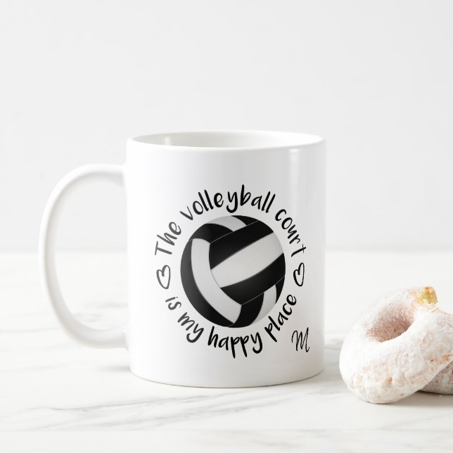 black white volleyball court is my happy place coffee mug (With Donut)