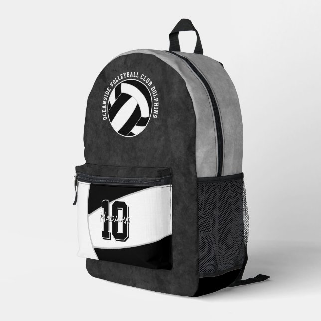 black white volleyball team colours team name printed backpack (Back Corner Right)