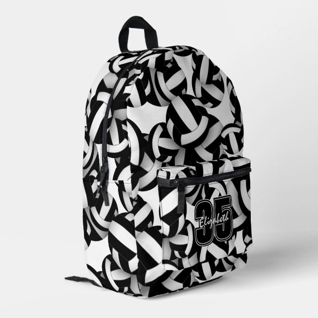 Black white volleyball team colours w jersey numbe printed backpack (Back Corner Left)