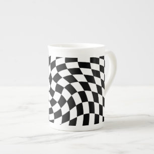 Black & White Warped Chequered Chequerboard Bone China Mug