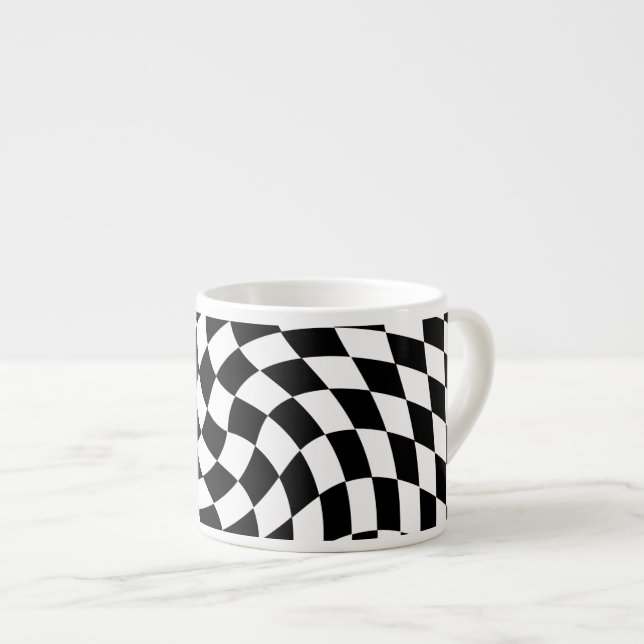 Black & White Warped Chequered Chequerboard Espresso Cup (Front Right)