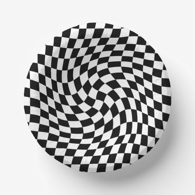 Black & White Warped Chequered Chequerboard Paper Plate (Front)