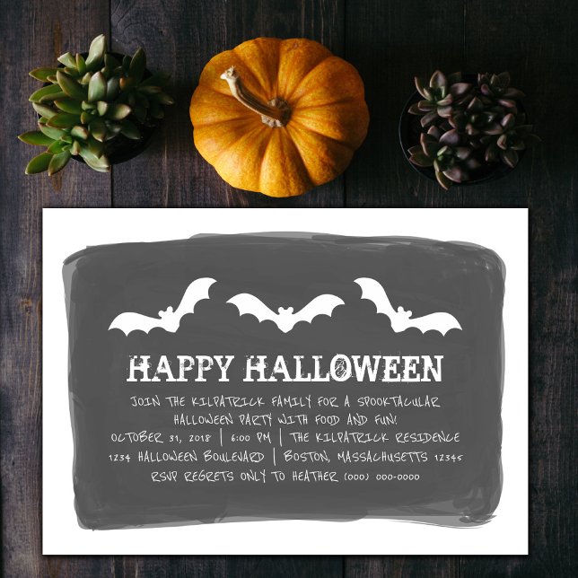 Black White Watercolor Bats Halloween Party Invitation (Black and White Watercolor Bats Halloween Party Invite)