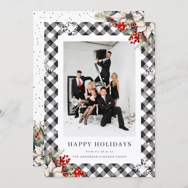 Black White Watercolor Botanical Photo Business Holiday Card (Front/Back)