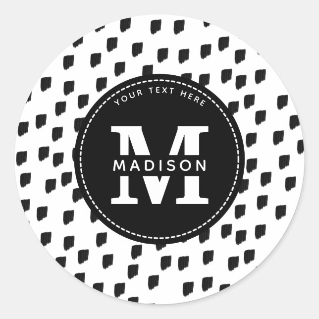 Black & White Watercolor Brushstroke Monogram Classic Round Sticker (Front)