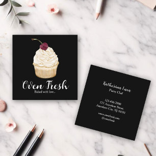 Black White Watercolor Cupcake Bakery  Square Business Card