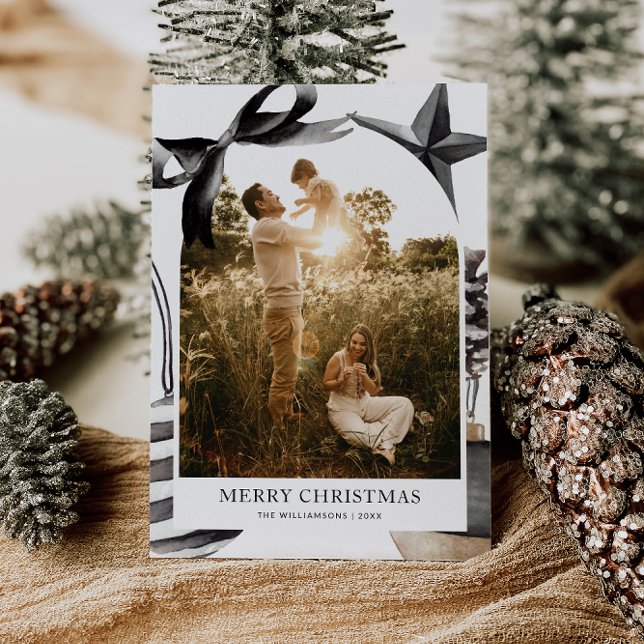 Black & White Watercolor Family Photo Holiday Card (Cozy Christmas Family Photo Holiday Card)