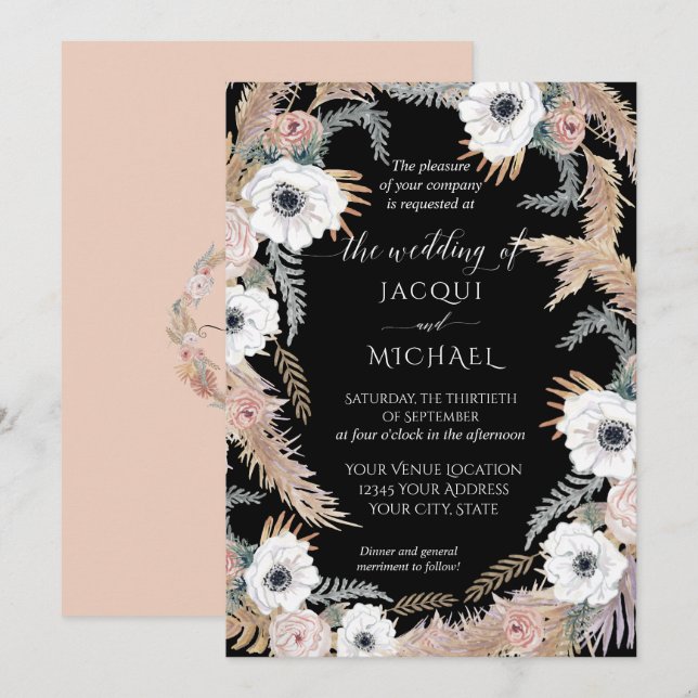 Black White Watercolor Floral BOHO Pampas Tropical Invitation (Front/Back)