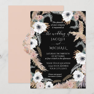 Black White Watercolor Floral BOHO Pampas Tropical Invitation