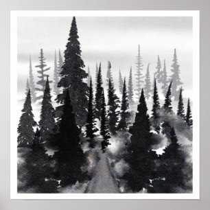 Black White Watercolor Foggy Forest Poster