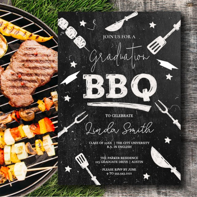 Black White Watercolor Graduation BBQ Invitation (Black White Watercolor Graduation BBQ Invitation #zazzlemade #bbqparty #graduationinvitation)