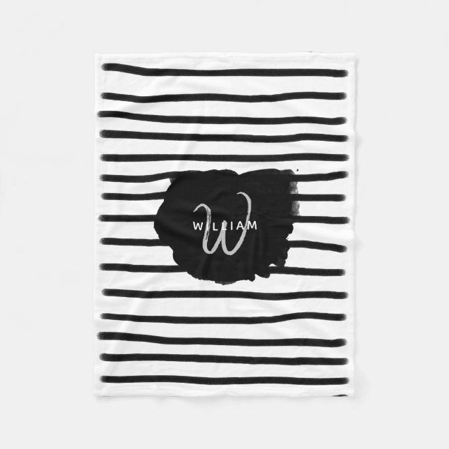 Black & White Watercolor Hand Drawn Lines Fleece Blanket (Front)