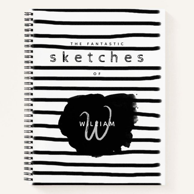 Black White Watercolor Hand Drawn Lines Sketchbook Notebook (Front)
