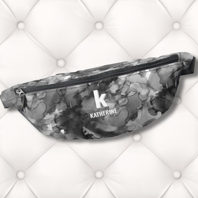 Black White Watercolor Monogram Initial Bum Bags (Cute Monogram Initial Name Black White Watercolor Fanny Pack )
