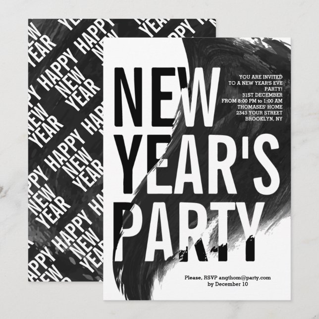 Black, white watercolor New Year's Eve party Invitation (Front/Back)