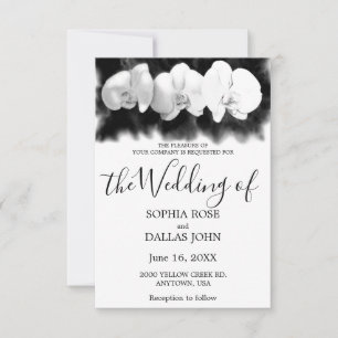 Black white watercolor orchids wedding invitation