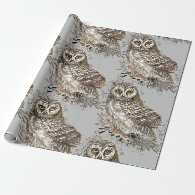 Black & White Watercolor Owl Bird Nature Animal Wrapping Paper (Unrolled)