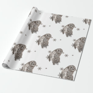 Black & White Watercolor Owl Winter Snowflakes Wrapping Paper