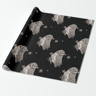 Black & White Watercolor Owl Winter Snowflakes Wrapping Paper