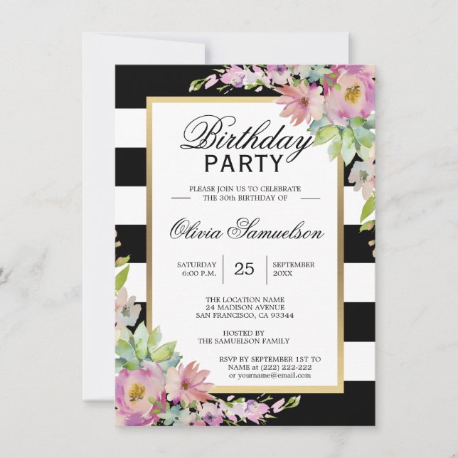 Black White Watercolor Pink Floral Birthday Party Invitation (Front)